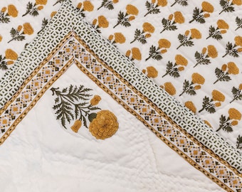 Jaipuri Razai, Hand Block Printed Kantha Quilt, Geometric Print Lightweight Soft Quilt, 100% Cotton Comforter Handmade Quilt queen size