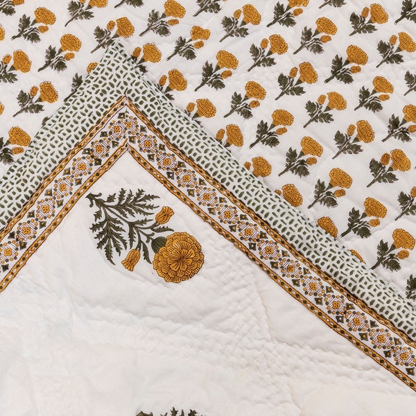 Jaipuri Razai, Quilt Kantha imprimé bloc à la main, imprimé géométrique couette douce légère, couette 100% coton faite à la main quilt queen size