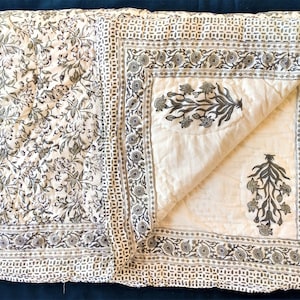Vintage kantha cotton quilt, hand block printed razai, filling with soft cotton blanket,ethnic rajasthani print,hand stitched and reversible