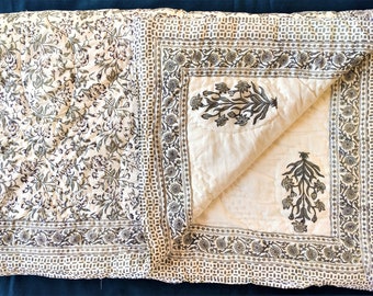 Hand Block Printed Cotton Kantha Quilt, Floral Design, Reversible