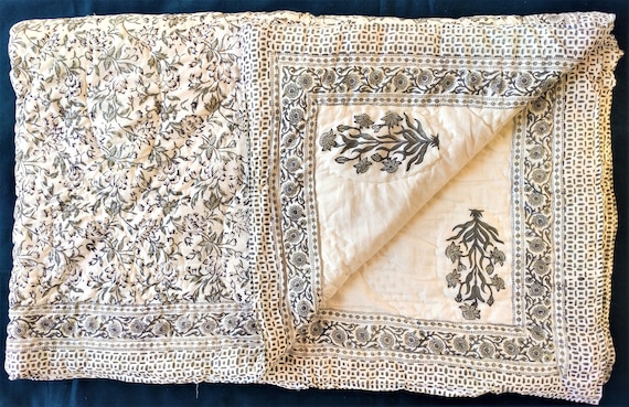 Vintage kantha cotton quilt, hand block printed razai, filling with soft cotton blanket,ethnic rajasthani print,hand stitched and reversible