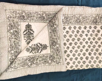 Traditional Grey White Floral Kantha Quilt, Hand Block Printed Cotton Jaipuri Razai, Reversible Designer Comforter with Shams