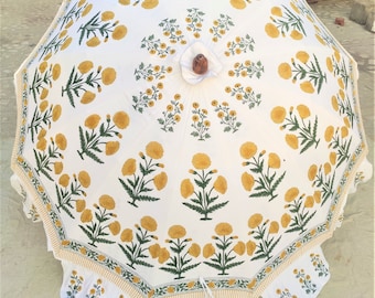 Indischer handbedruckter Gartenschirm, weißer Baumwoll-Sonnenschirm mit Blumenmuster, großer dekorativer Sonnenschutz für Terrasse, Garten, Hochzeit und andere Veranstaltungen