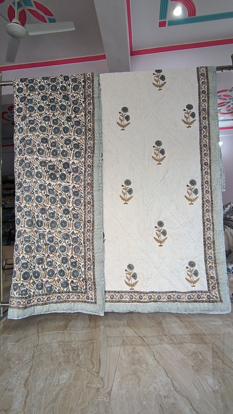 Unique Jaipuri Razai, Hand Block Printed Kantha Quilt, Floral Print Lightweight Soft Quilt, 100% Cotton Comforter Handmade Quilt