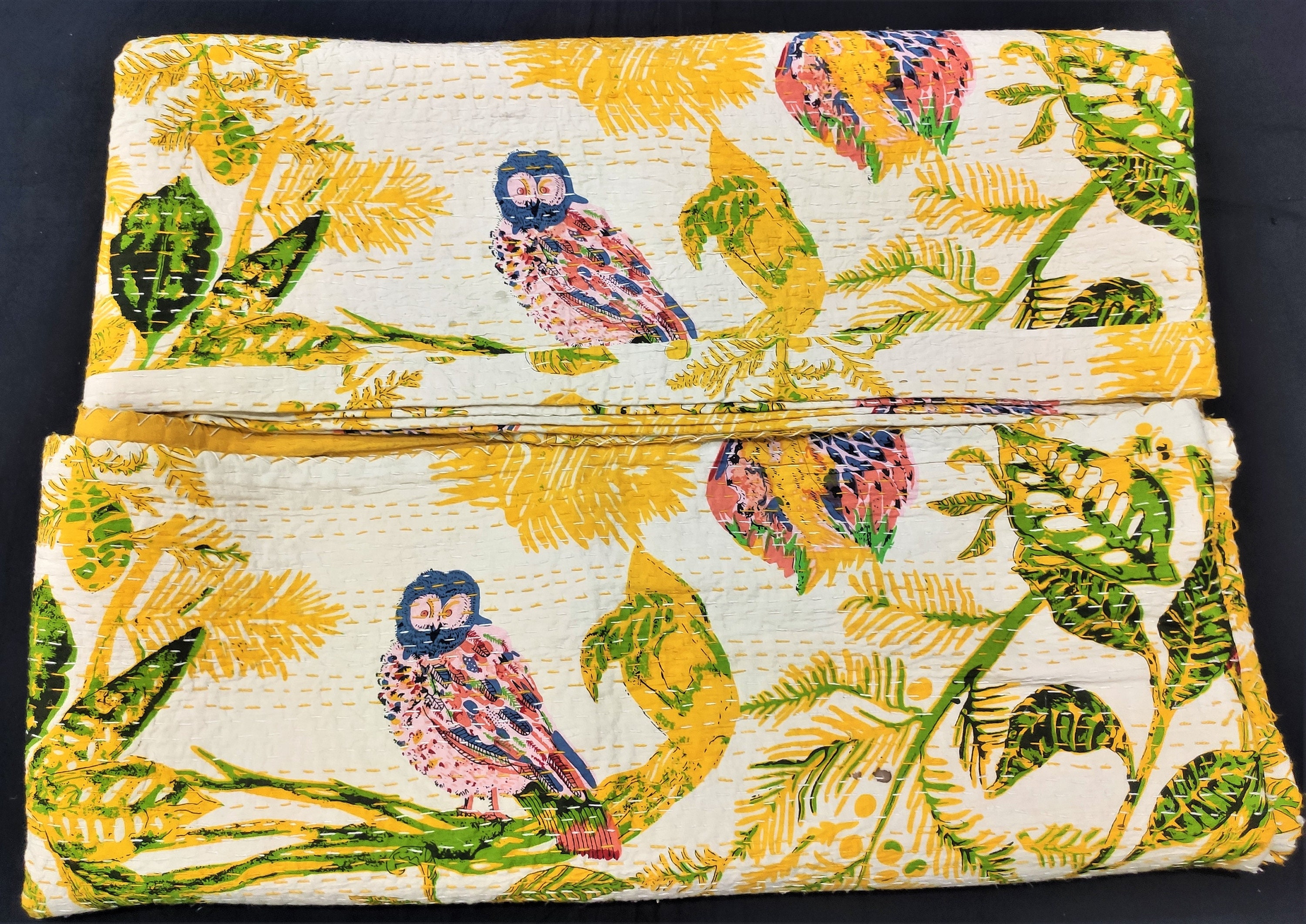 Handmade Owl Kantha Quilt, Reversible Cotton Bedding Throw
