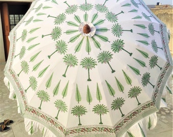 Hand Block Print Green Palm Tree Garden Umbrella, White Cotton Ruffled Boho Patio Parasol
