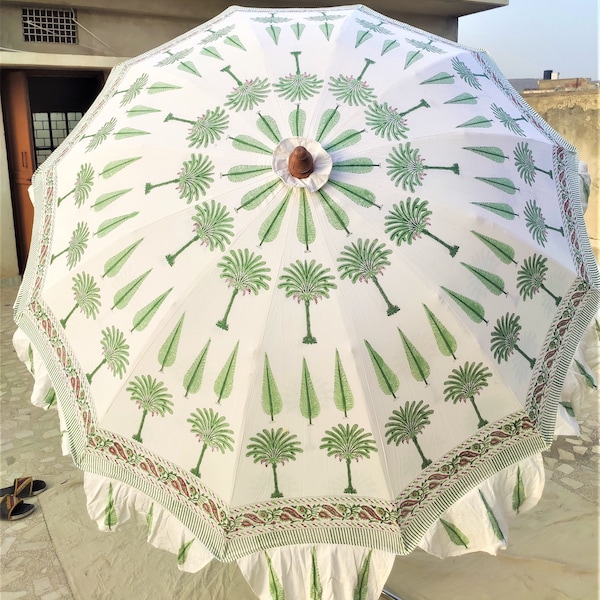 Palm Tree Indian HandBlock Print white umbrellas, Unique Handcrafted wedding decorative Large Garden Umbrella Parasols