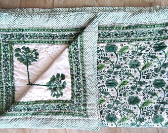 Hand Block Printed Kantha Quilt, White Blue Animal Floral Cotton Razai, Reversible Handmade Comforter Twin Queen King Size