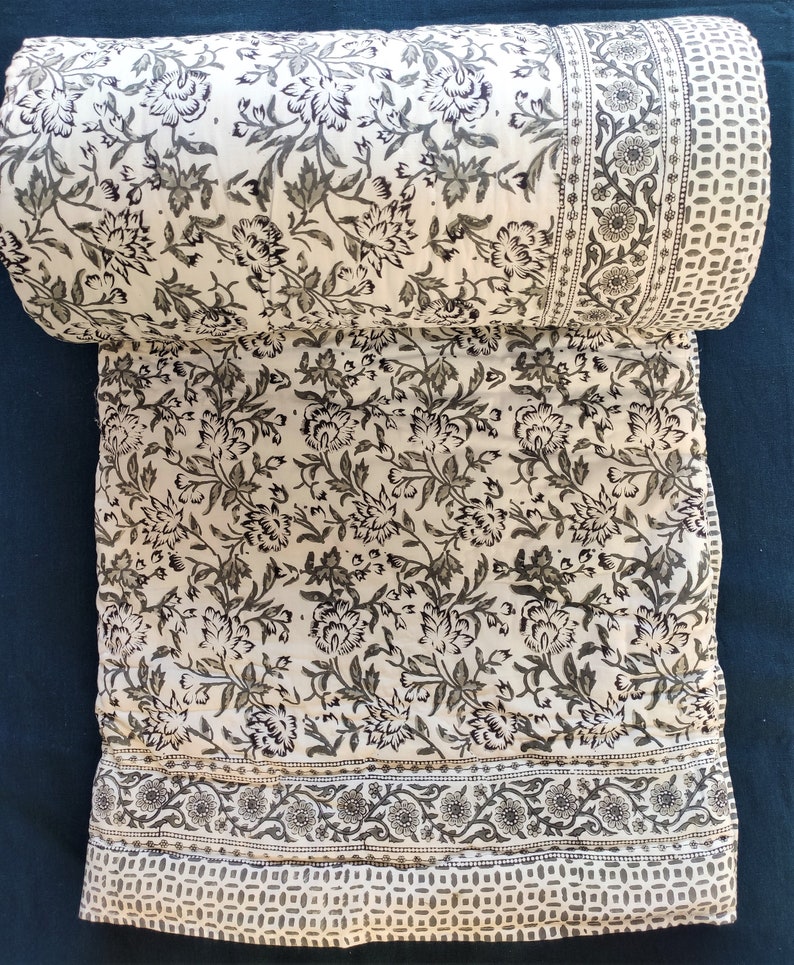 Hand Block Printed Cotton Kantha Quilt, Black White Floral Design, Reversible Jaipuri Razai with Shams, All Sizes Available image 7