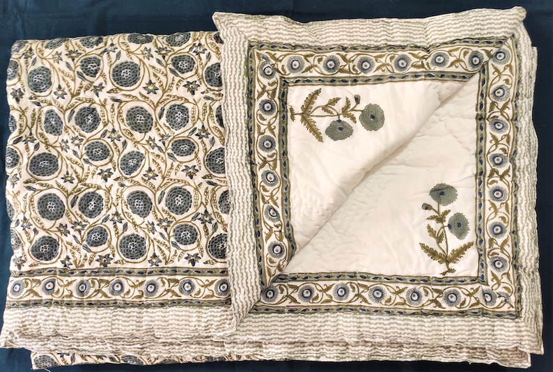 Traditional Jaipuri Razai,Hand Block Printed Kantha Quilt,Lightweight Soft Quilt, 100% Cotton Comforter, Handmade Quilt All sizes with Shams
