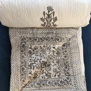 Hand Block Printed Cotton Kantha Quilt, Black White Floral Design, Reversible Jaipuri Razai with Shams, All Sizes Available image 8