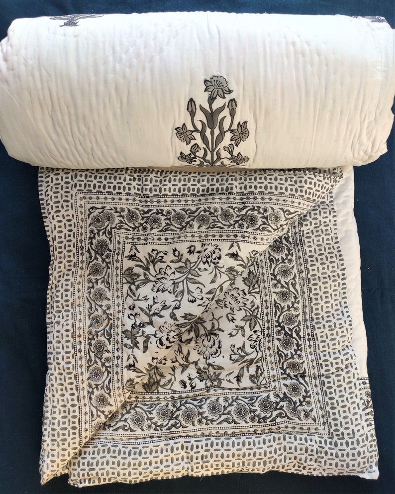 Hand Block Printed Cotton Kantha Quilt, Black White Floral Design, Reversible Jaipuri Razai with Shams, All Sizes Available image 8