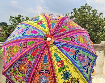 Haftowany bawełniany parasol ogrodowy, zabytkowy indyjski parasol przeciwsłoneczny, duża stalowa rama, dekoracja weselna na patio