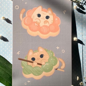 Süße Katze Mochi Donut Kunstdruck | Doppelseitige Kawaii Tier Kunstdruck | Wandtattoo, Dekor, Illustration | Süße Katze Wohnkultur