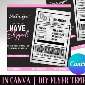 May include: Black and white flyer with a crumpled paper texture. The flyer announces that all orders have shipped and includes the text "Dee Designs" and "Check your email for tracking numbers." The flyer also includes a shipping label with the text "Dee Designs Priority Mail" and a barcode.