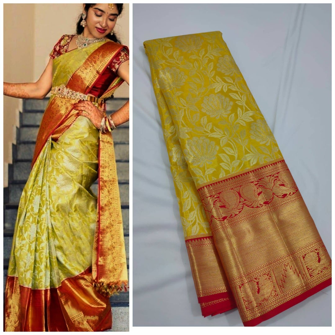 Pure Kanchipuram Silk Saree Gold and Pink SILKMARK - Etsy