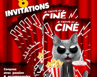 Chat drôle cinéma | 8 invitations anniversaire en Français personnalisables + enveloppes | Thème cinéma