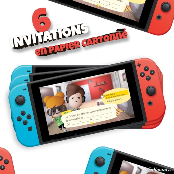 Jeux vidéo | 6 invitations anniversaire en Français | Format console de jeux Switch