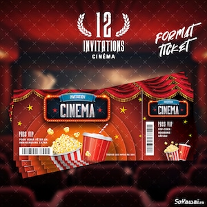 Cinéma | 12 invitations anniversaire en Français | Thème Cinéma | Format Ticket | Adresse détachable