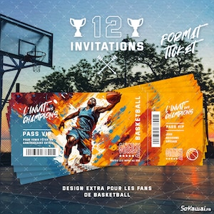 Basketball | 12 invitations anniversaire en Français | Thème Basketball | Format Ticket | Adresse détachable