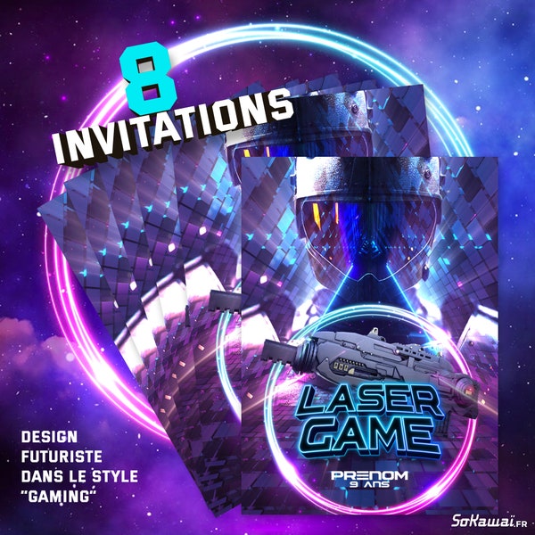 Lasergame | 8 invitations anniversaire en Français à personnaliser + enveloppes | Fête pour les enfants