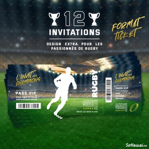 Rugby | 12 invitations anniversaire en Français | Format Ticket | Adresse détachable