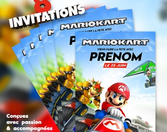 Mario Kart | 8 invitations anniversaire en Français à personnaliser + 8 enveloppes