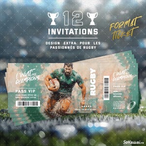 Rugby | 12 invitations anniversaire en Français | Format Ticket | Adresse détachable