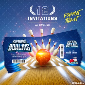 Bowling | 12 invitations anniversaire en Français | Thème Bowling | Format Ticket | Adresse détachable