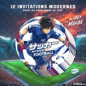 Football Manga | 12 invitations anniversaire en Français | Cartes rondes - Grand format