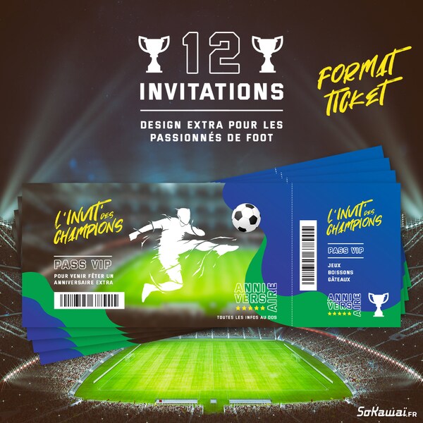 Football | 12 invitations anniversaire en Français | Format Ticket | Adresse détachable