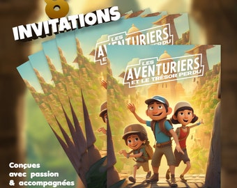 Aventuriers | 8 invitations anniversaire en Français à personnaliser + enveloppes | Thème explorateurs