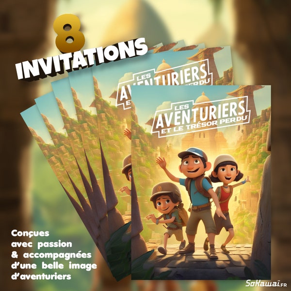 Aventuriers | 8 invitations anniversaire en Français à personnaliser + enveloppes | Thème explorateurs