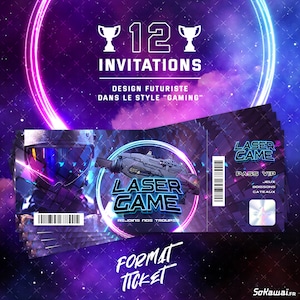 Laser Game | 12 invitations anniversaire en Français | Thème Lasergame | Format Ticket | Adresse détachable
