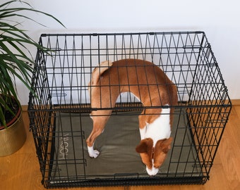 Custom pet crate mat. Aesthetically beautiful dog kennel mat in neutral, solid pastel tones from a high-quality linen mix fabric.