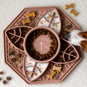 Pet slow feeder bowl. Engagement lick mat for dogs and cats, slows down eating,relieves anxiety. Mandala design in green,pink and clay color image 3