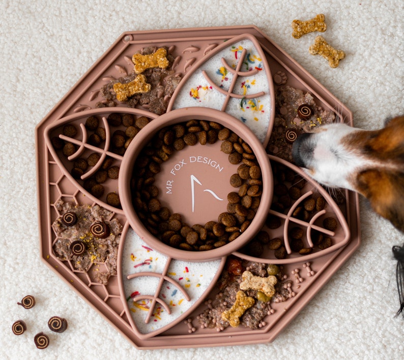 Pet slow feeder bowl. Engagement lick mat for dogs and cats, slows down eating,relieves anxiety. Mandala design in green,pink and clay color image 3