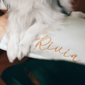 Personalized pet snuggle blanket with embroidered name. Warm, soft and aesthetically beautiful (neutral, pastel tones) for Your dog