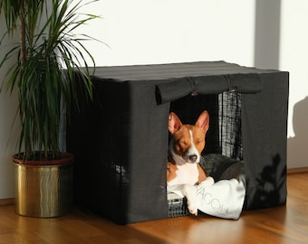 Custom dog crate cover. Aesthetic pet kennel cover in 6 different solid earthy tones from a breathable, high-quality linen mix fabric.