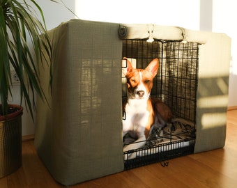 Custom pet crate cover. Aesthetically beautiful dog kennel cover in neutral, solid pastel tones from a breathable, high-quality linen mix.