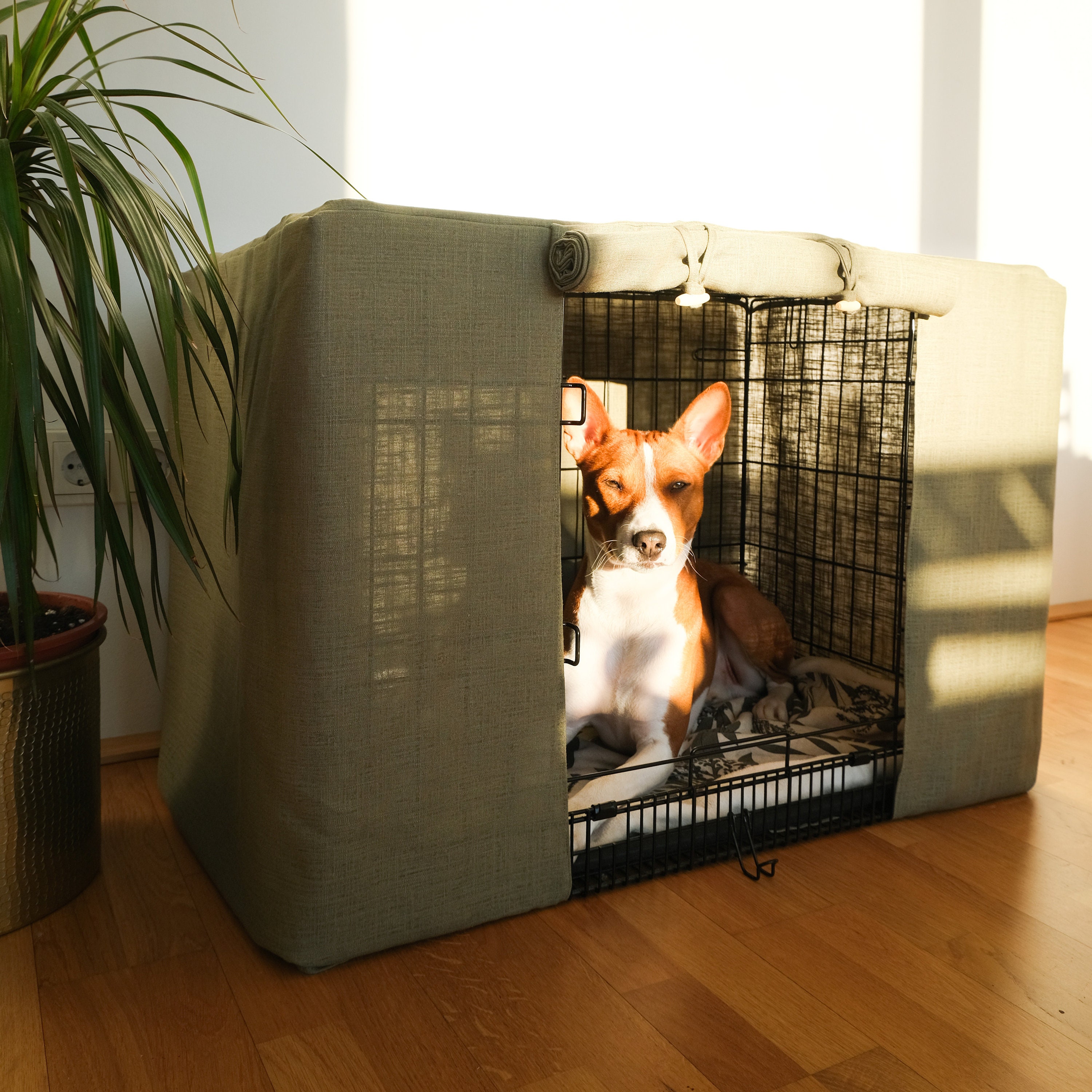 Custom pet crate cover. Aesthetically beautiful dog kennel cover in neutral, solid pastel tones from a breathable, high-quality linen mix.