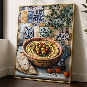 Moroccan Hummus Art Print - Mediterranean Food Painting - Olive & Chickpea Canvas - Kitchen Wall Decor - Satin Paper or Rolled Canvas