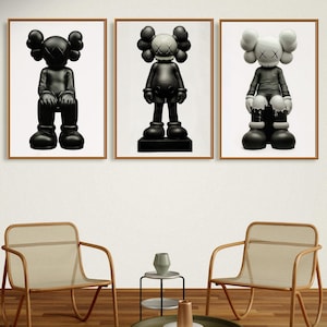 KAWS Poster Set of 3, Minimalist Monochrome Hypebeast Kaws Figure Poster, Kaws Poster Print, Kaws Wall Art, Graffiti Kaws Digital Download