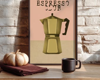 Espresso Club Coffee Print | Japandi style | Italian Espresso Maker Poster | Kitchen Wall Art