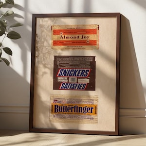 Vintage Candy Wrappers Art - Sneakers, Almond Joy, Butterfinger - Retro Chocolate Print, Digital Download, Printable Kitchen Decor