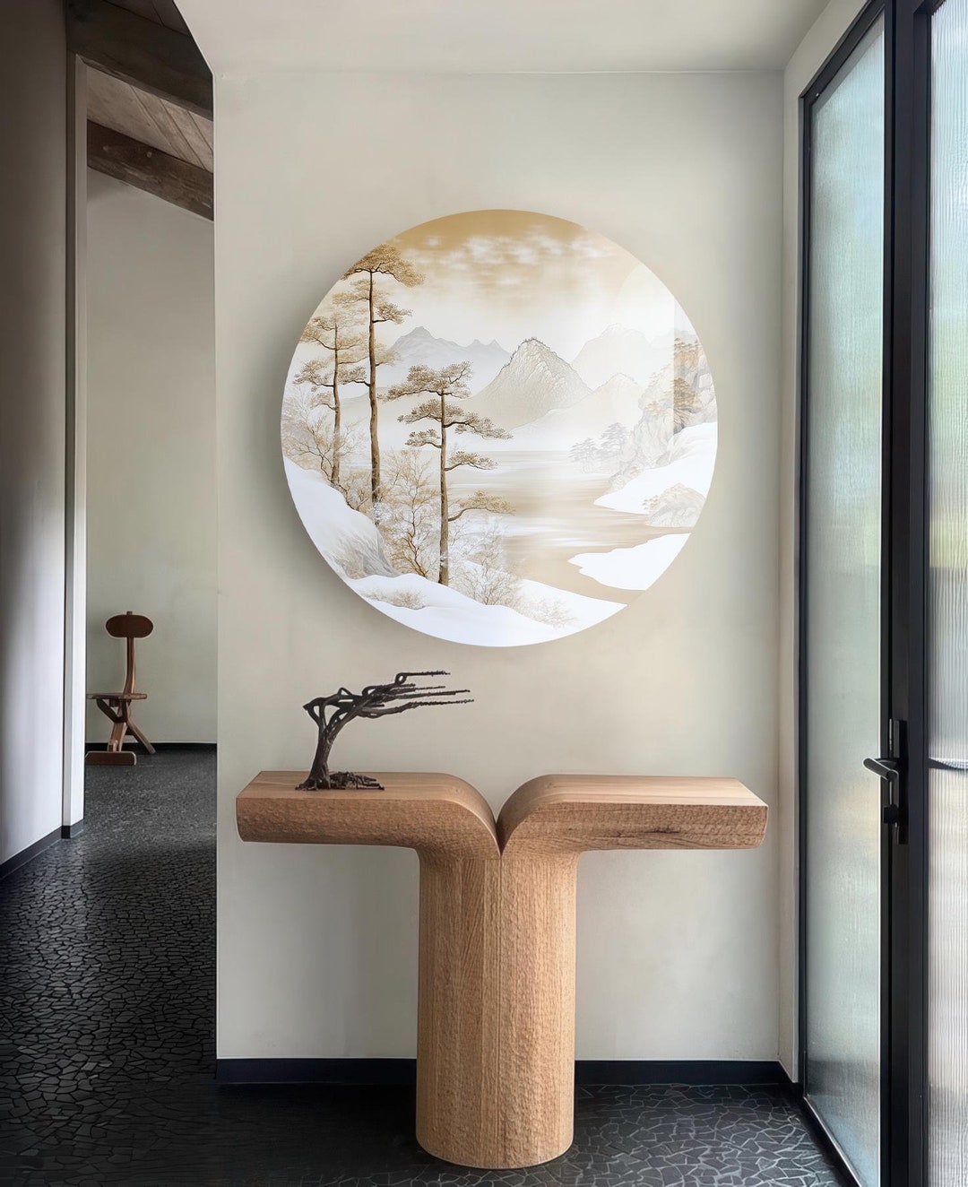 Japandi Wall Art Round Tempered Glass Wall Art, Wall Decor Home Decor