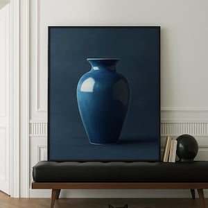 Minimalist Blue Vase Art Print - Navy Tones on Premium Canvas
