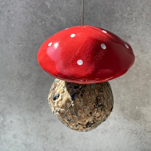 Op de afbeelding: Een rode en witte paddenstoelvormige vogelvoeder met een gaasbal gevuld met vogelzaad dat aan een touwtje hangt.