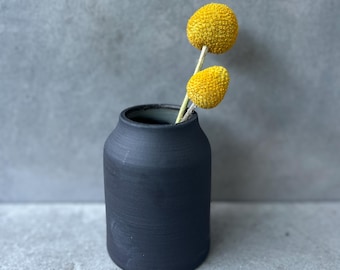 Könnte beinhalten: Eine mattschwarze Keramikvase mit zylindrischem Körper und leicht verjüngtem Hals. Zwei leuchtend gelbe, kugelförmige Trommelstöckchen-Blüten auf dünnen grünen Stielen stecken in der Vase und ragen aus der Öffnung des Gefäßes heraus.
