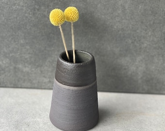 Könnte beinhalten: Eine kleine, dunkelgraue Keramikvase mit einem weißen Streifen um die Mitte. Die Vase ist mit zwei getrockneten gelben Blumen gefüllt.